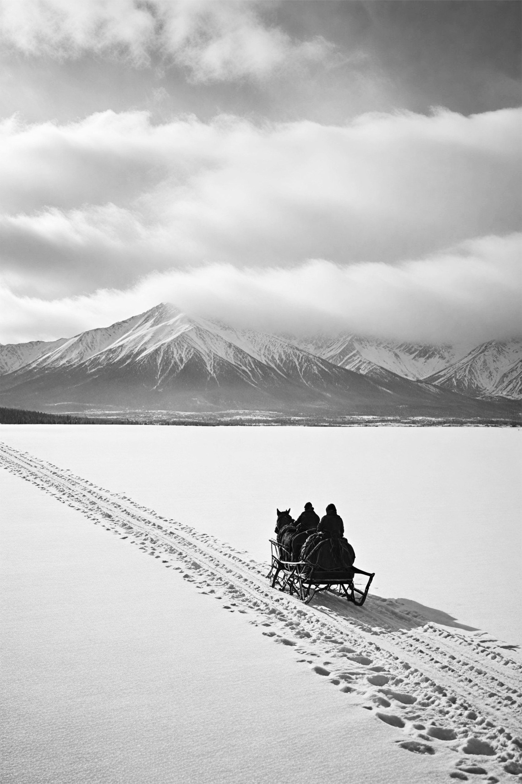 Bonaque — Journey Through the Winter Silence, photographie en noir et blanc d'un traîneau tiré par un cheval dans la neige, tirage signé à 65 € idéal comme cadeau de Noël d'entreprise