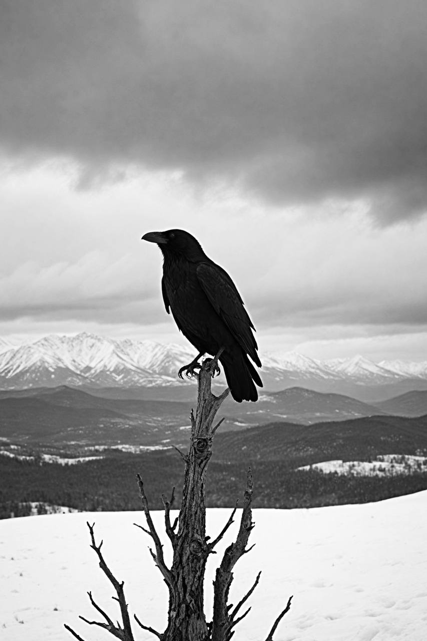 Bonaque — The Watchful Raven, un tirage d'art photographique en noir et blanc proposé aux enchères