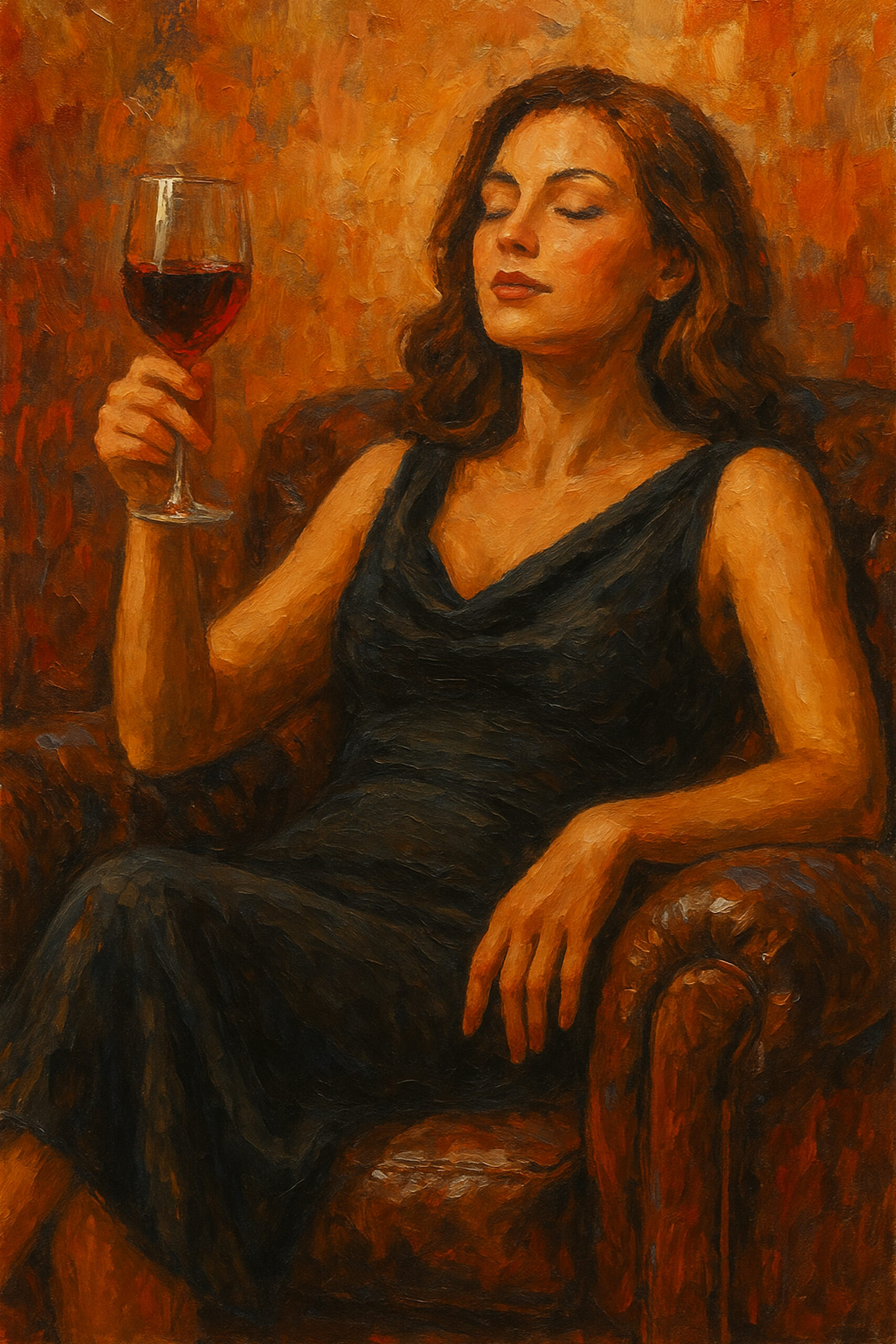Elena Aureli — A Toast to Solitude, une femme dans un fauteuil en cuir tenant un verre de vin rouge, peinte dans des tons chauds, un tirage d'art cocooning