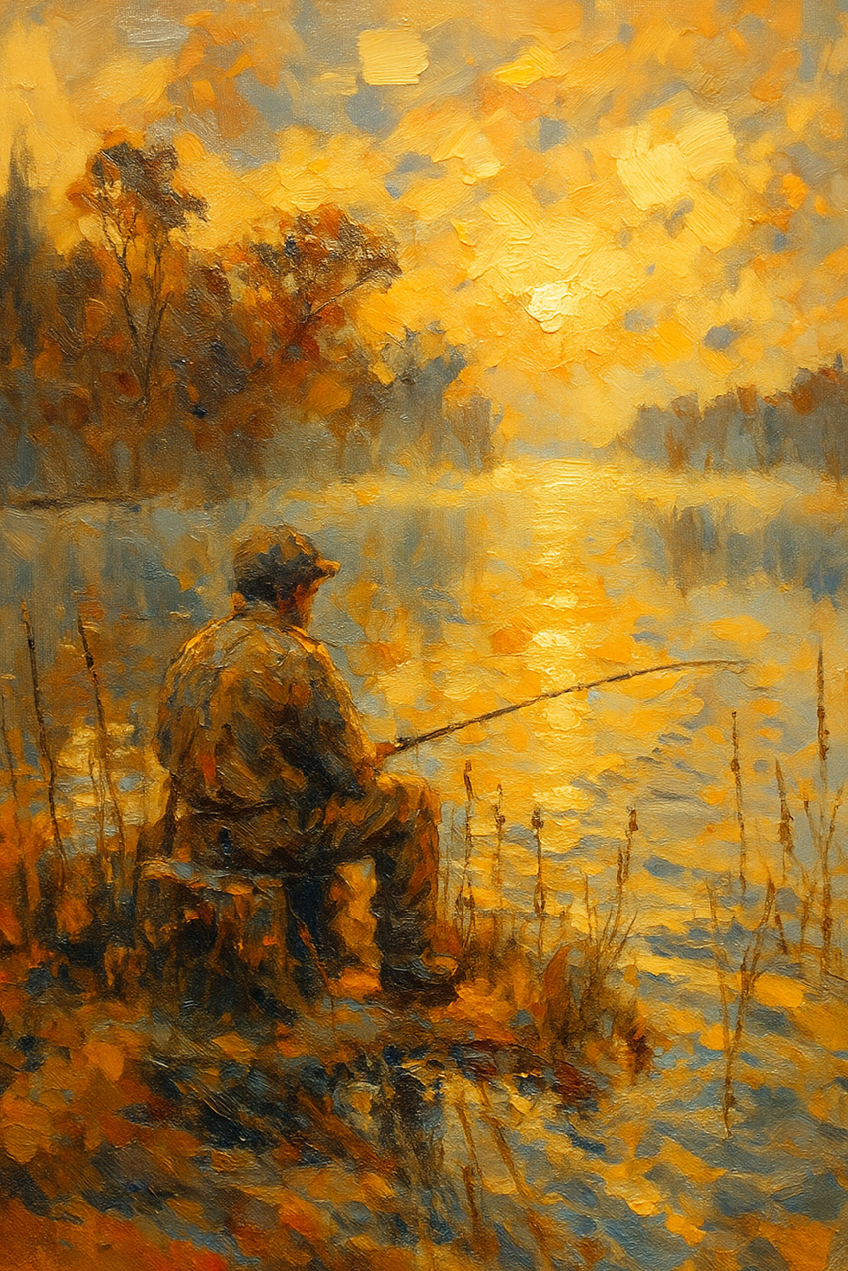 Henri des Bois — Golden Tranquility, un pêcheur au bord d'un lac au coucher du soleil, en or et ambre, un tirage d'art signé qui réchauffe un salon en hiver