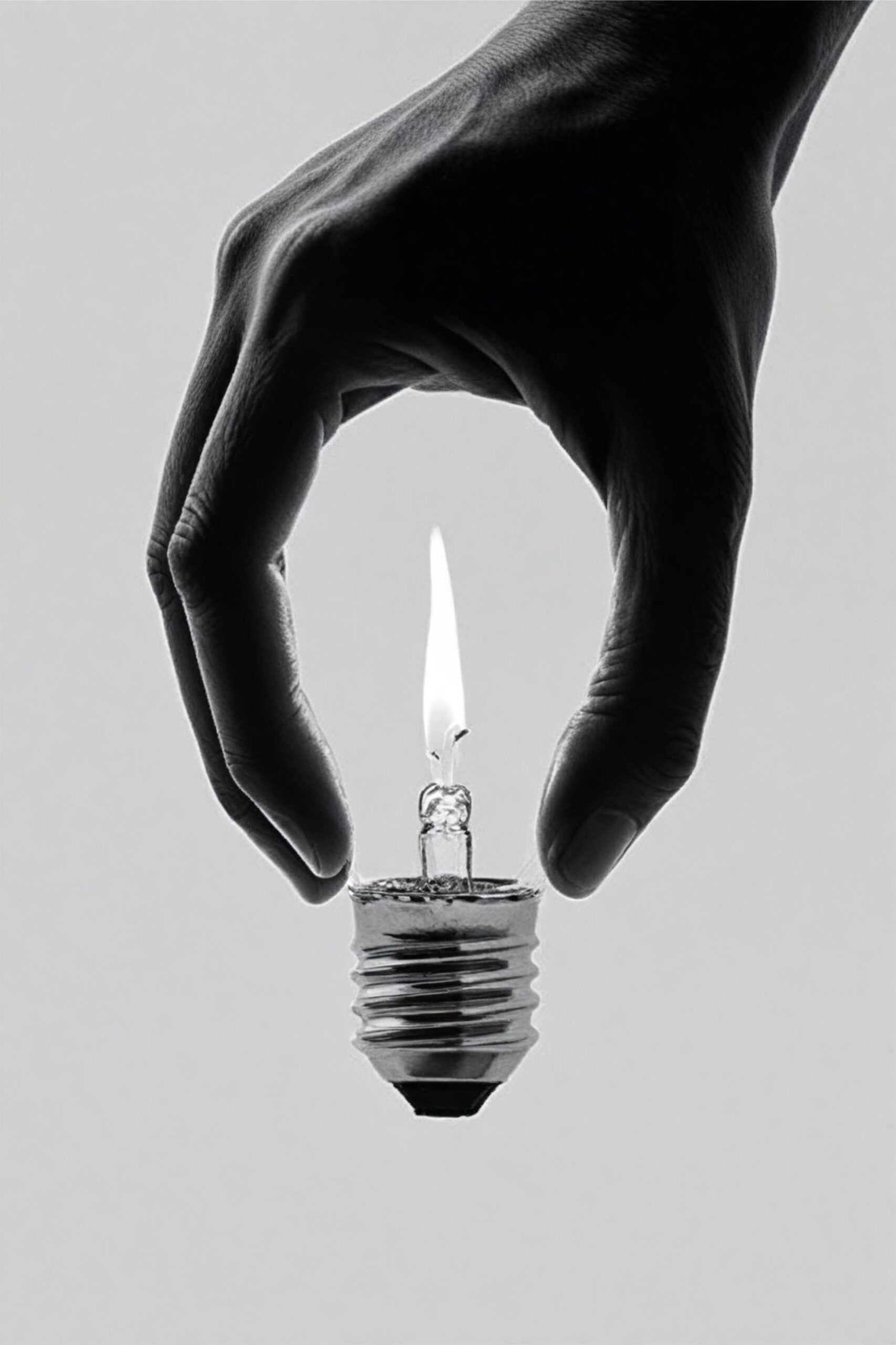 Moroz — Igniting Ideas, photographie en noir et blanc d'une main tenant une ampoule avec une flamme à l'intérieur, tirage signé à 95 € à offrir à un client