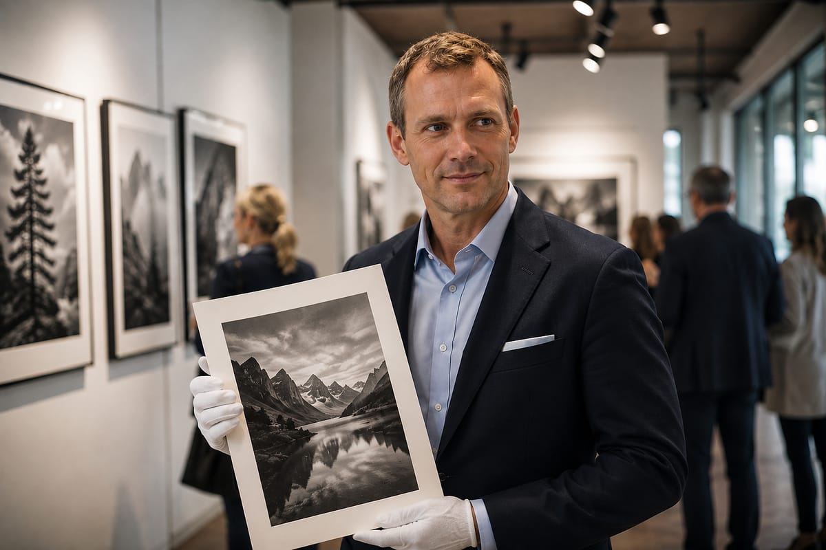 Alexander van der Meer tenant un imprimé signé en gants de coton.
